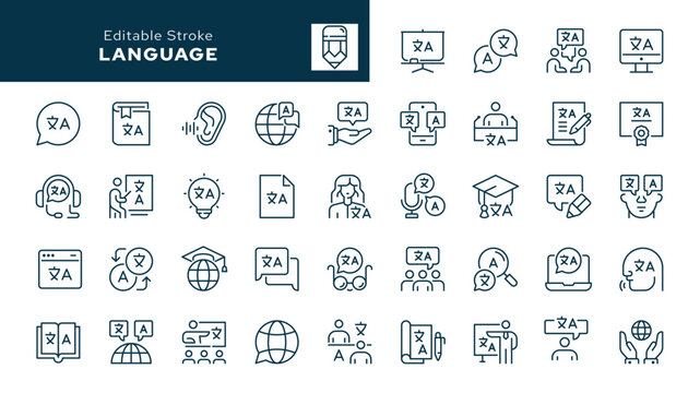 Language outline icons set. Language translation and skills, speech, writing, linguistics, translator. Line icon in linear style. Vector collection	