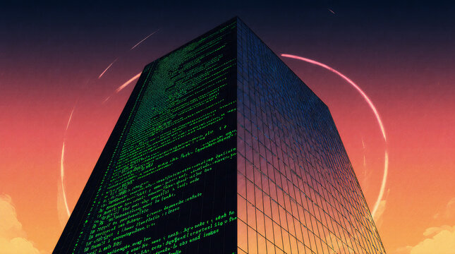 Futuristic skyscraper with glowing digital code on glass facade symbolizing software development, cybersecurity, data technology and smart digital infrastructure.