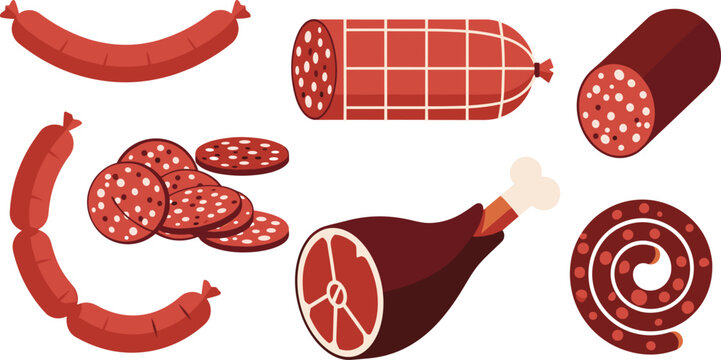Traditional charcuterie meat products vector set collection featuring salami links smoked ham bone cured sausage spirals and pepperoni slices for grocery deli market catalog