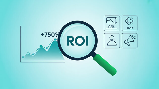 A magnifying glass focuses on 'ROI' with a rising graph and icons, representing thorough analysis of investment returns and business performance.