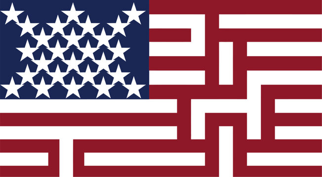 American flag features a complex maze pattern representing the challenges of national unity.