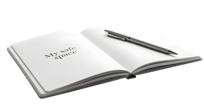 Opened notebook with pen on a clean transparent white background