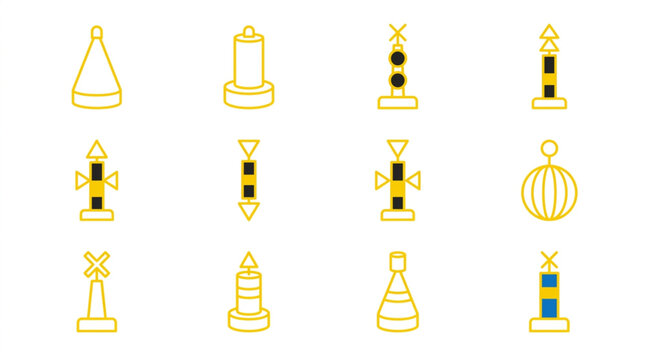 Collection of nautical navigation buoys and markers.