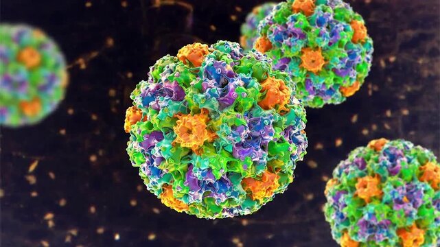 Human papillomavirus particles shown in 3D animation, non-enveloped DNA virions associated with HPV infection and cervical cancer in humans.