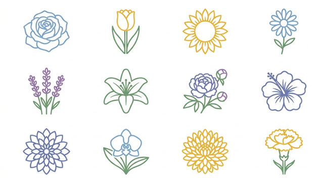 Collection of stylized floral icons in outline style.