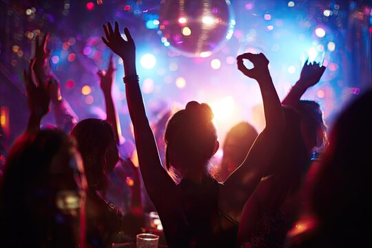 People dancing with arms raised under a disco ball in a dimly lit club