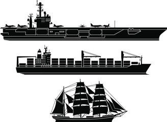 Military aircraft carrier cargo container ship and vintage sailing vessel silhouette vector collection representing maritime history transportation and naval power isolated on white background. © JetandroNath