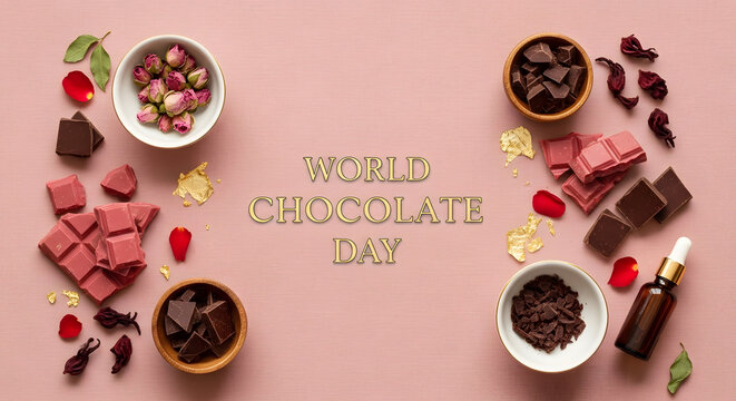 World Chocolate Day banner with ruby and dark chocolate bars, dried rose buds and gold leaf on pink background, gourmet cocoa flat lay