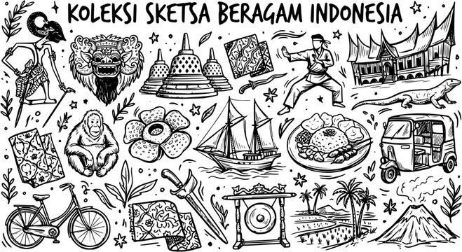 Indonesian Culture  Travel Hand-Drawn Sketch Collection: Iconic Landmarks, Wildlife, Food, and Traditional Elements Doodle Art Vector Illustration