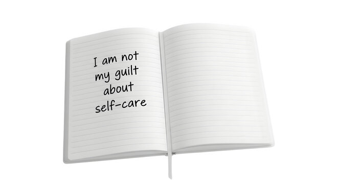 An open notebook with a handwritten note about guilt and self-care on a transparent background