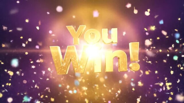 Golden You Win text with colorful confetti explosion on purple background