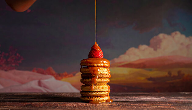 A tall stack of golden waffles generously drizzled with flowing caramel sauce and topped with a vibrant red strawberry.
