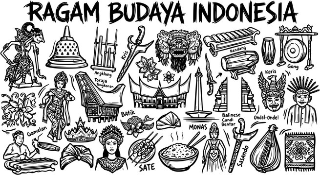 Hand-drawn Black and White Line Art Doodle showcasing diverse Indonesian cultural heritage icons, traditional objects, and national landmarks collection.