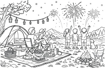 Fototapeta premium Campers enjoy a vibrant fireworks display near their tent and campfire in this engaging line art illustration that depicts an adventurous outdoor lifestyle experience for your next design project.