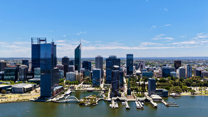 Obraz premium South Perth, Perth City, Western Australia, Australia – 4K Aerial Drone View of City Skyline, Swan River, Sir James Mitchell Park, Riverside Highway, Residential Houses and Estates