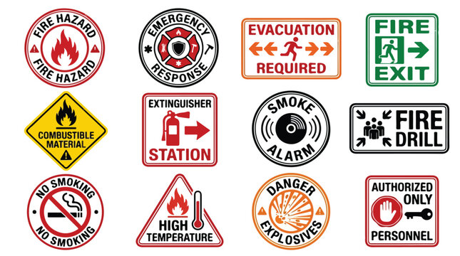 Fire safety signs and emergency response icons, 12 industrial hazard warning stickers, evacuation and fire drill labels for workplace security