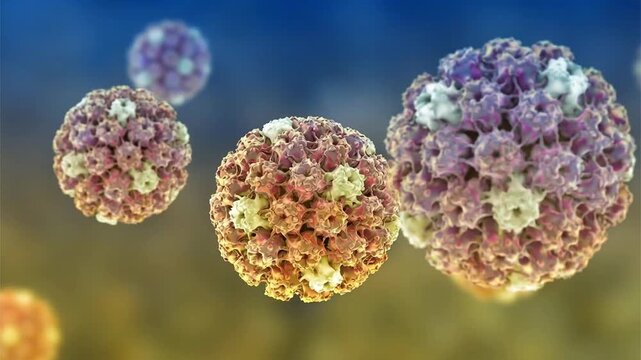 Human papillomavirus particles shown in 3D animation, non-enveloped DNA virions associated with HPV infection and cervical cancer in humans.