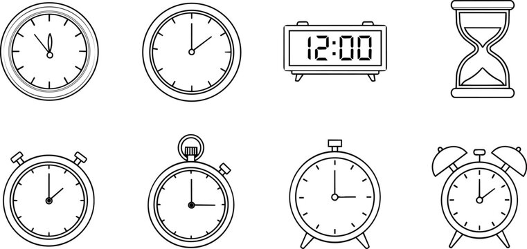 Minimalist Time Management Line Icons Featuring Clocks Stopwatches and Hourglass.eps