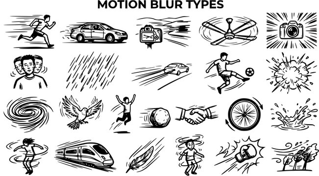 Motion Blur Types Vector Set: Dynamic Hand-Drawn Black and White Line Art Illustrations of Movement for Photography, Animation, and Graphic Design