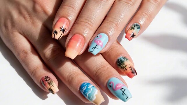 Colorful Nails Extensions Art With Tropical Flamingo and Palm Design