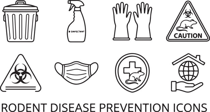 Rodent disease prevention icons: trash can disinfectant gloves caution biohazard face mask hygiene shield global