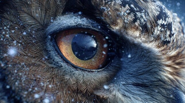 Extreme close up captures the intense gaze of a wild bird's eye during snowfall