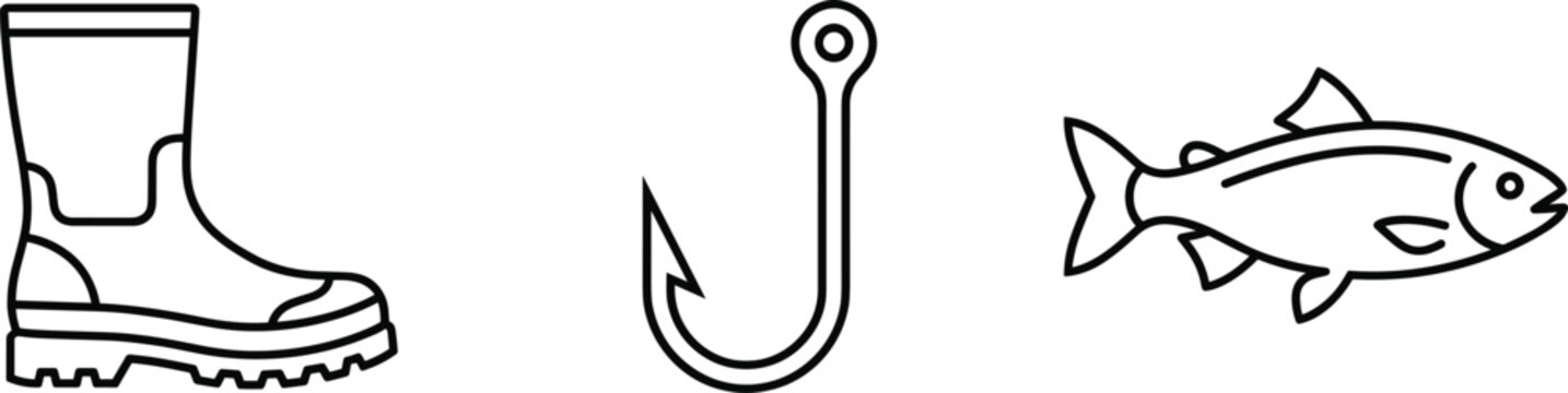 Fishing equipment line icon set featuring rubber wader boot fish hook and trout fish isolated on white background for angling hobby and outdoor recreation.
