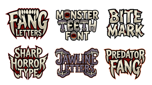 Predator fang typography set featuring vampire teeth bite mark sharp horror and monster jawline text designs for scary Halloween posters and creepy graphics. Vector illustration isolated on white.