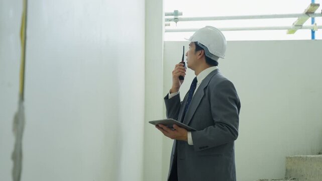 Male engineer hard hat using radio and tablet construction site, inspecting building interior with focused expression, building inspector wearing hard hat checking wall with walkie talkie and digital