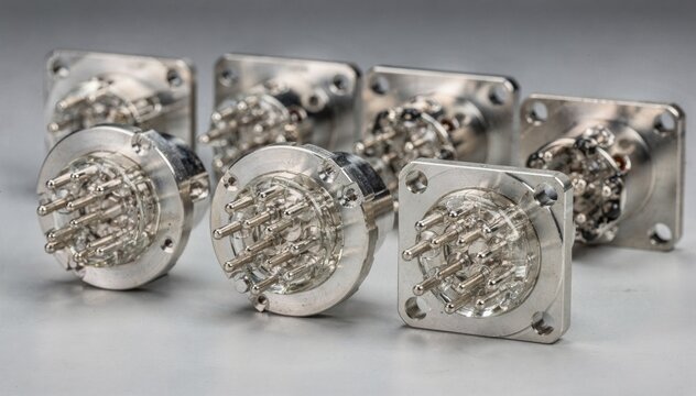 Medium closeup of multipin hermetic glasstometal feedthrough connectors highlighting intricate sealing and electrical isolation for complex power feedthrough systems.