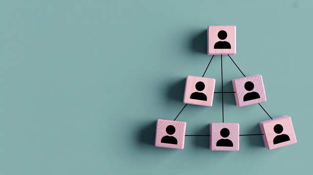 A hierarchical structure of pink wooden blocks with person icons is displayed, showing a clear organizational pyramid from top to bottom.