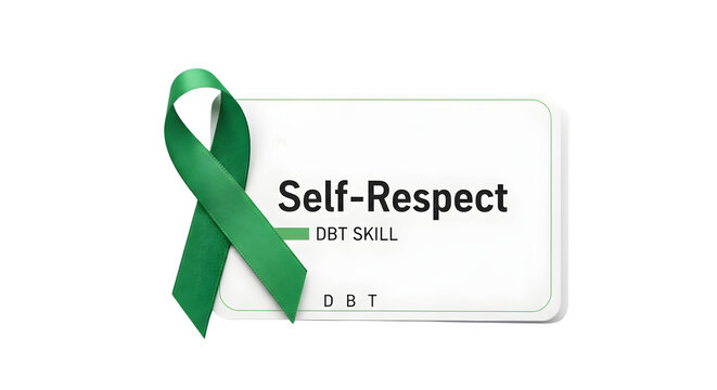 A green ribbon tied on a white card with Self-Respect text and DBT SKILL