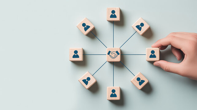 A circular arrangement of wooden blocks with person icons connects to a central block featuring a handshake, as a hand places the final person block.