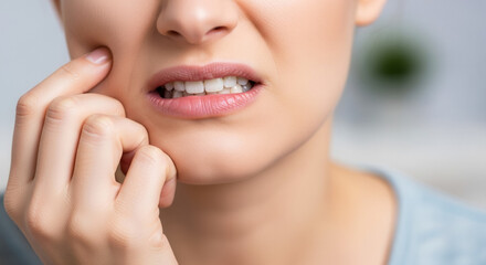 Obraz premium Caucasian woman gripping jaw with tense hand, acute toothache pain and dental health problem