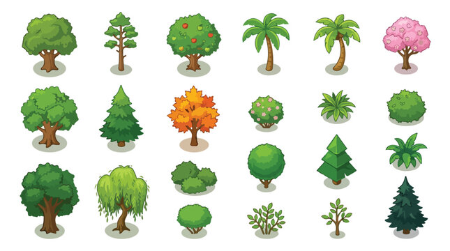 Isometric tree collection, 18 vector forest and garden plant icons, stylized green trees and bushes for game design and landscape maps