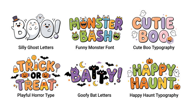 Cute playful Halloween typography set featuring silly ghost monster bash trick or treat and batty text designs. Colorful kawaii childish holiday vector illustrations isolated on white background.
