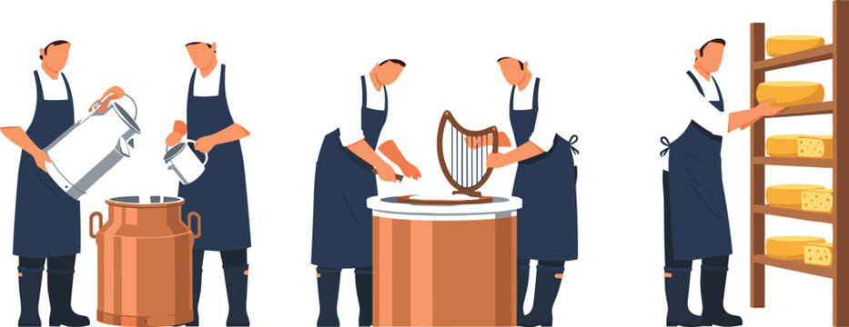 Traditional artisanal cheesemaking process vector set collection with cheesemaker male characters pouring milk cutting curd and aging cheese wheels on wooden shelves illustration
