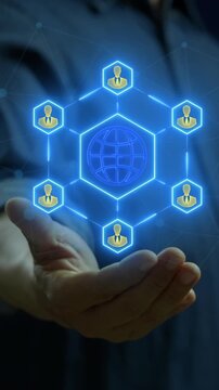 Connection concept. Business relationships that benefit both you and the person you have developed the connection with. Businessman shows glowing neon line of connection icon on virtual screen.