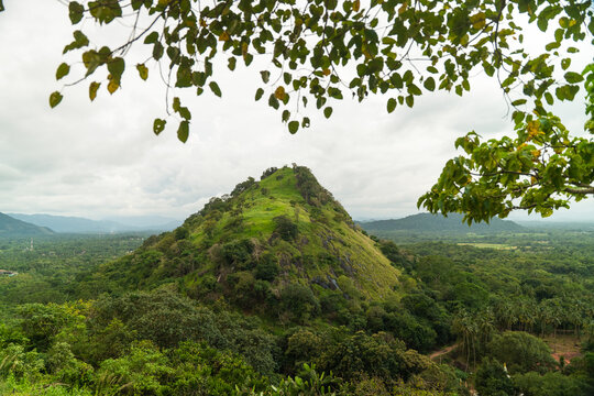 View of the Dambulu Rock Inscription hill surrounded by dense tropical forest and lush greenery under a cloudy sky Dambulla, Central Province, Sri Lanka.
