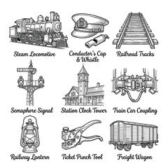 Vintage train elements including steam locomotive and railway tools   © Iry