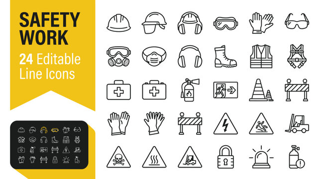 Collection of industrial safety work icons featuring protective gear and hazard signs for professional workplace projects