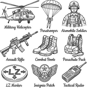 Military illustrations of helicopter, soldier, parachute, and gear  