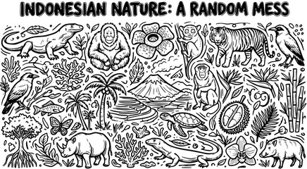 Indonesian Nature Black and White Line Art Collection: Wildlife and Scenery © jouleea