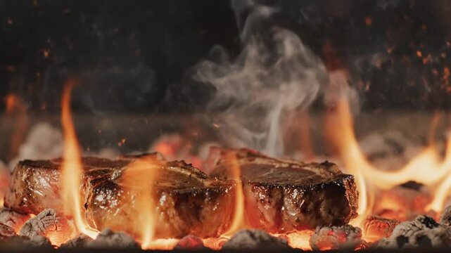 Juicy t-bone steak grilling over intense open flames and glowing coals with sparks