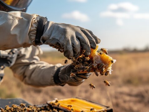 Beekeeper harvesting honey from bee hive