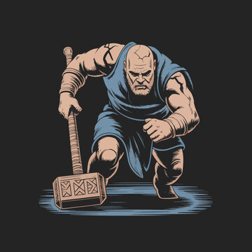 Bald muscular man with large hammer.