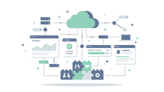 Digital illustration of cloud computing network architecture featuring data analytics and system status puzzle pieces