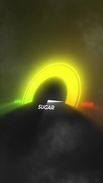 Glowing sugar level gauge rises to high then drops to low. Dark background, vertical format.