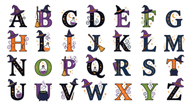 Halloween witch alphabet set with magic typography design. Cute letters decorated with purple hats potion bottles and broomsticks for spell projects. Vector illustration isolated.