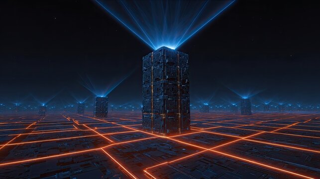 Futuristic cityscape with glowing towers and geometric energy grid